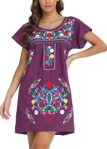 YZXDORWJ Women's Mexican Embroidered Short Sleeve Dress