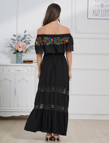 ABEHIK Women's Off-Shoulder Embroidered Mexican Maxi Dress for Cinco de Mayo