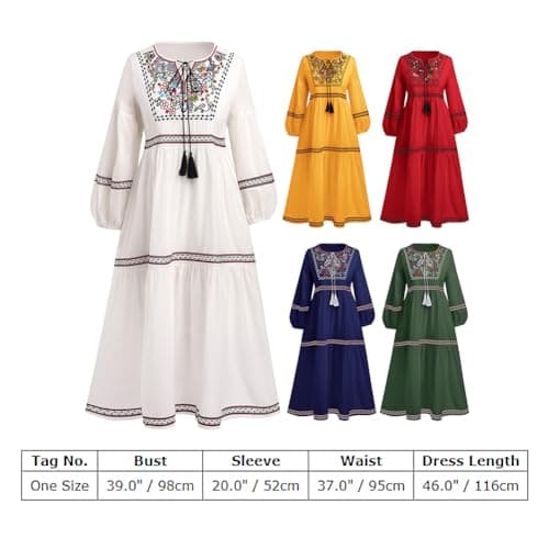 Traditional Mexican Embroidered Floral Peasant Midi Dress for Women