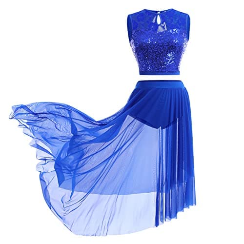 Sequin Lace Floral Crop Top and Flowy Mesh Tulle Skirt 2pcs Outfit for Lyrical Dance Costume