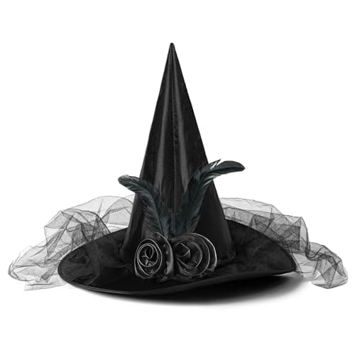 Women's Halloween Witch Hat with Veil, Roses, and Feathers for Cosplay Parties