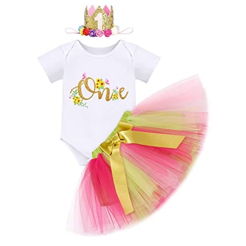 ODASDO Baby Girl First Birthday Outfit with Flower Print Tutu Skirt & Crown