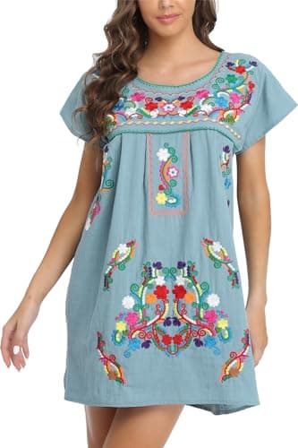YZXDORWJ Women's Mexican Embroidered Short Sleeve Dress