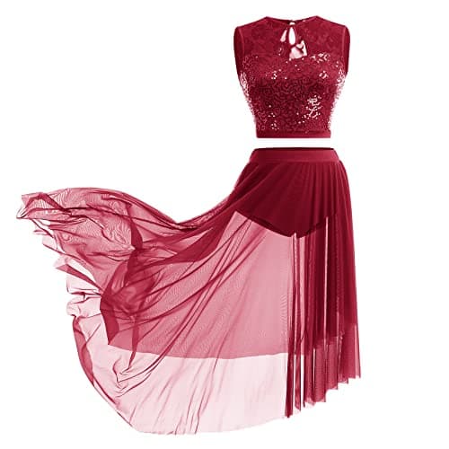 Sequin Lace Floral Crop Top and Flowy Mesh Tulle Skirt 2pcs Outfit for Lyrical Dance Costume