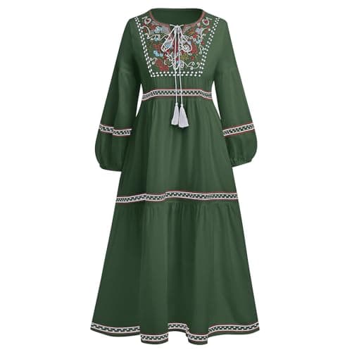 Traditional Mexican Embroidered Floral Peasant Midi Dress for Women