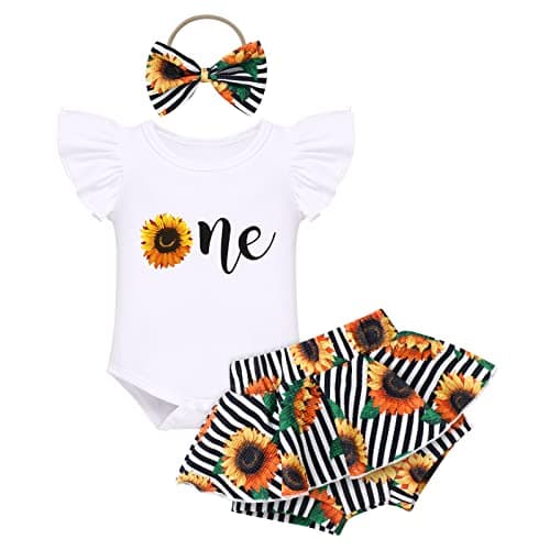 FYMNSI Baby Girls' First Birthday Sunflower Romper & Tutu shorts + Headband for Cake Smash Photo Props