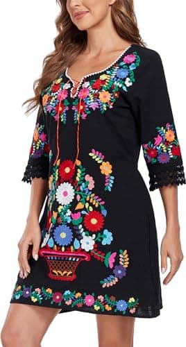 YZXDORWJ Women's Mexican V-Neck Fiesta Dress with Short Sleeves