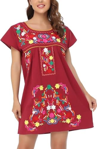 YZXDORWJ Women's Mexican Embroidered Short Sleeve Dress