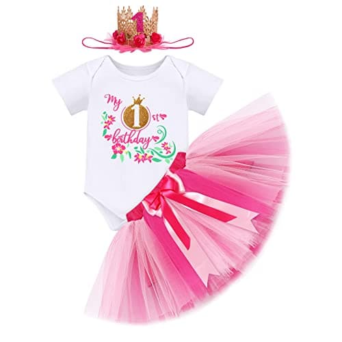 ODASDO Baby Girl First Birthday Outfit with Flower Print Tutu Skirt & Crown