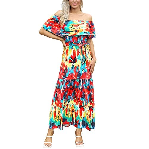 Mexican Floral Print Off The Shoulder Maxi Dress for Women