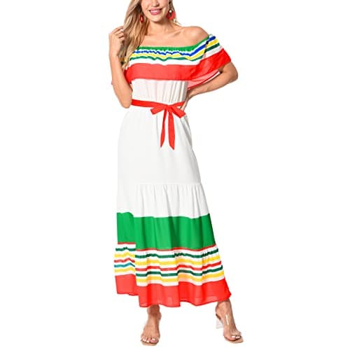 Mexican Floral Print Off The Shoulder Maxi Dress for Women