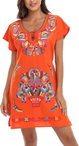 YZXDORWJ Women's Mexican V-Neck Fiesta Dress with Short Sleeves
