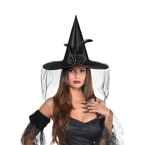Women's Halloween Witch Hat with Veil, Roses, and Feathers for Cosplay Parties