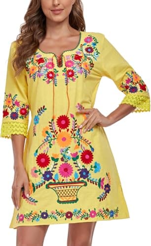YZXDORWJ Women's Mexican V-Neck Fiesta Dress with Short Sleeves