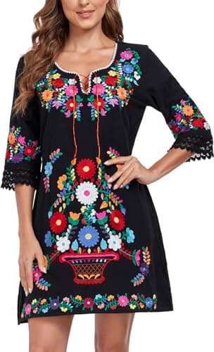 YZXDORWJ Women's Mexican V-Neck Fiesta Dress with Short Sleeves