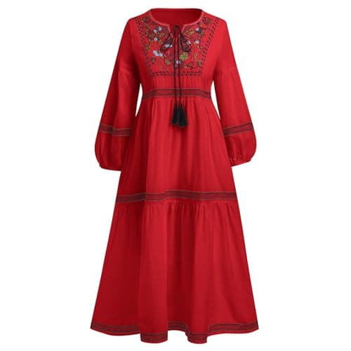 Traditional Mexican Embroidered Floral Peasant Midi Dress for Women