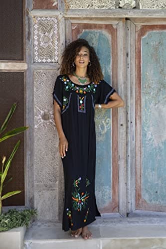Mexican Embroidered Floral Maxi Dress for Women