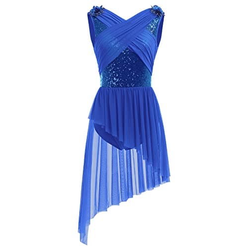 Elegant Lyrical Dance Dress with Lace Cap Sleeve and Asymmetrical Tulle Skirt (XS-XL)