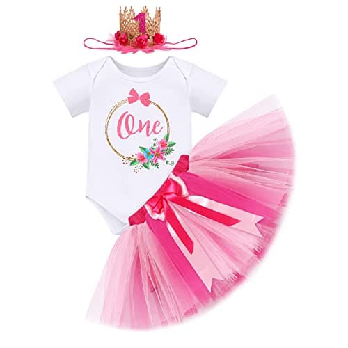 ODASDO Baby Girl First Birthday Outfit with Flower Print Tutu Skirt & Crown