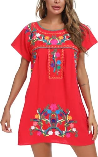 YZXDORWJ Women's Mexican Embroidered Short Sleeve Dress