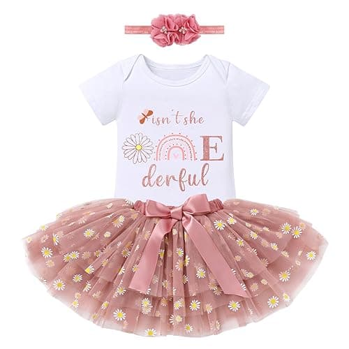 ODASDO Baby Girl First Birthday Outfit with Flower Print Tutu Skirt & Crown