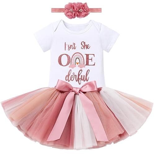 ODASDO Baby Girl First Birthday Outfit with Flower Print Tutu Skirt & Crown