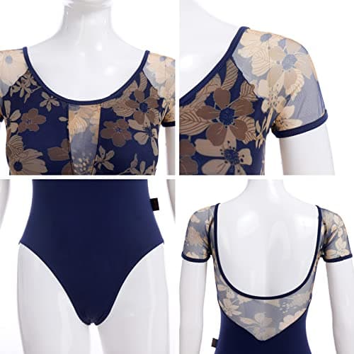 Women's Ballet Dance Leotard with Mesh Floral Back and Padded Bra for Gymnastics and Aerial Yoga