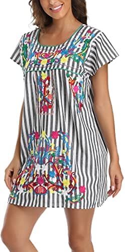 YZXDORWJ Women's Mexican Embroidered Short Sleeve Dress