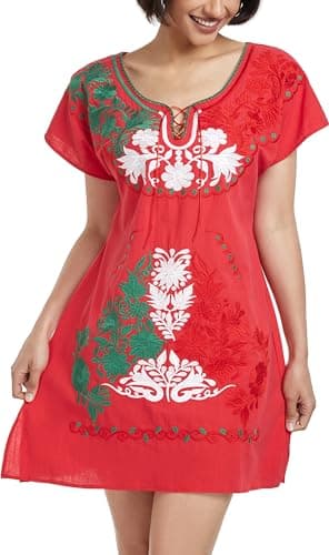YZXDORWJ Women's Mexican V-Neck Fiesta Dress with Short Sleeves