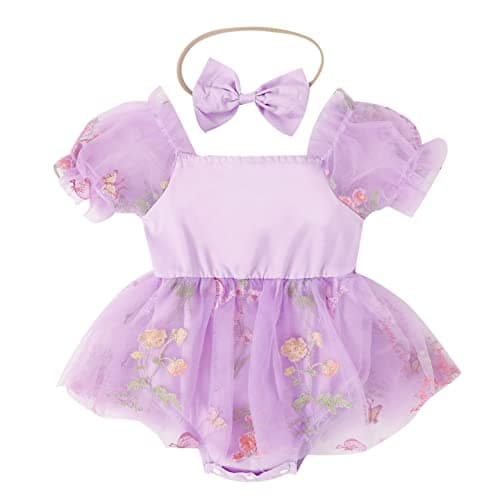 Baby Girls Birthday Party Dress with Flower Embroidery Short Sleeve Sundress and Headband