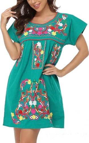 YZXDORWJ Women's Mexican Embroidered Short Sleeve Dress