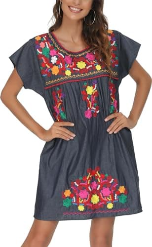 YZXDORWJ Women's Mexican Embroidered Short Sleeve Dress