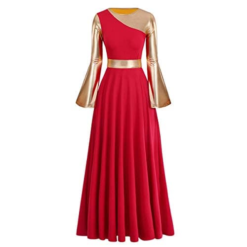 Women's Gold Metallic Worship Dance Dress with Bell Sleeves