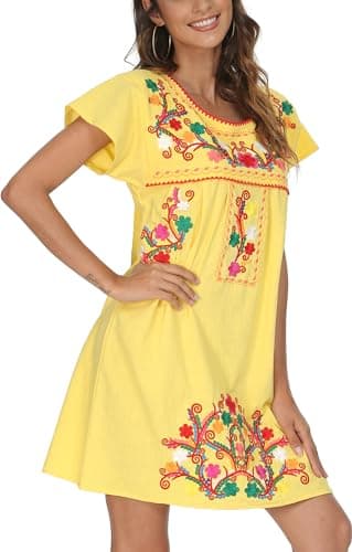 YZXDORWJ Women's Mexican Embroidered Short Sleeve Dress