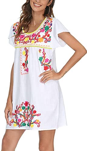 YZXDORWJ Women's Mexican Embroidered Short Sleeve Dress