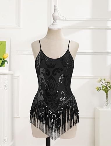 Sparkly Sequin Fringe Bodysuit for Women who Dance Latin Jazz and Samba
