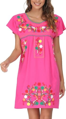 YZXDORWJ Women's Mexican Embroidered Short Sleeve Dress