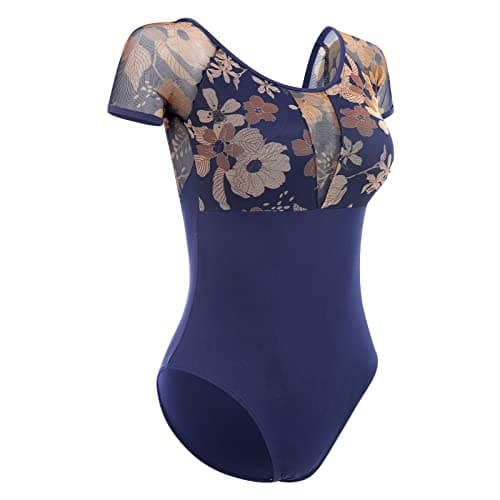 Women's Ballet Dance Leotard with Mesh Floral Back and Padded Bra for Gymnastics and Aerial Yoga