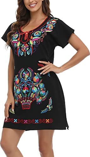 YZXDORWJ Women's Mexican V-Neck Fiesta Dress with Short Sleeves