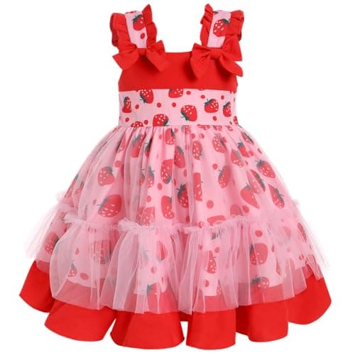 Love Heart Strawberry Bunny Printed Princess Party Dress for Toddlers and Kids
