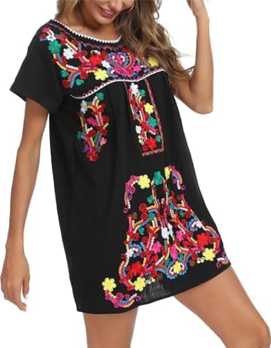 YZXDORWJ Women's Mexican Embroidered Short Sleeve Dress