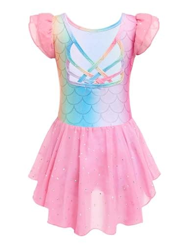 Arshiner Shiny Ruffle Sleeve Ballet Leotard with Skirt Dance Dresses