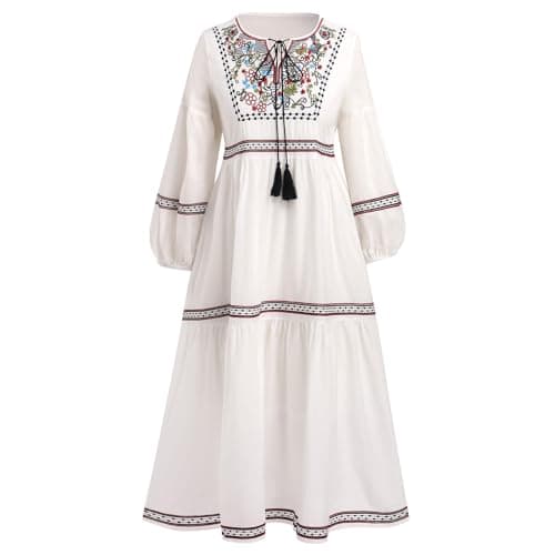 Traditional Mexican Embroidered Floral Peasant Midi Dress for Women