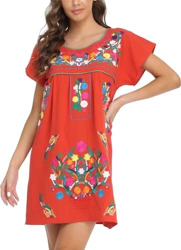 YZXDORWJ Women's Mexican Embroidered Short Sleeve Dress