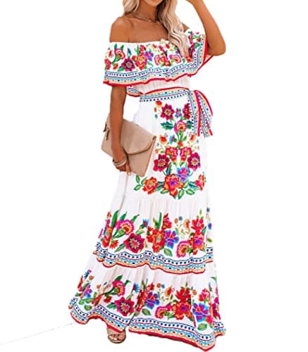 Off Shoulder Floral Print Mexican Maxi Dress for Women