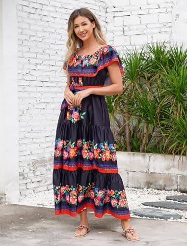 Off Shoulder Floral Print Mexican Maxi Dress for Women