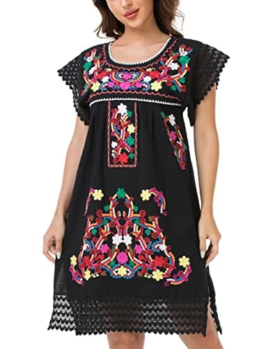 YZXDORWJ Women's Mexican Embroidered Short Sleeve Dress
