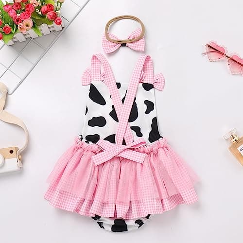 Baby Girls Cow Print Tulle Tutu Romper Dresses with Headband