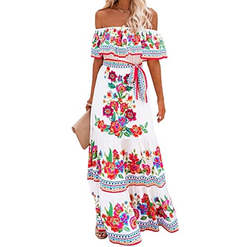 Mexican Floral Print Off The Shoulder Maxi Dress for Women