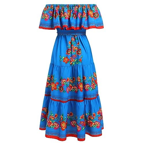 Off Shoulder Floral Print Mexican Maxi Dress for Women
